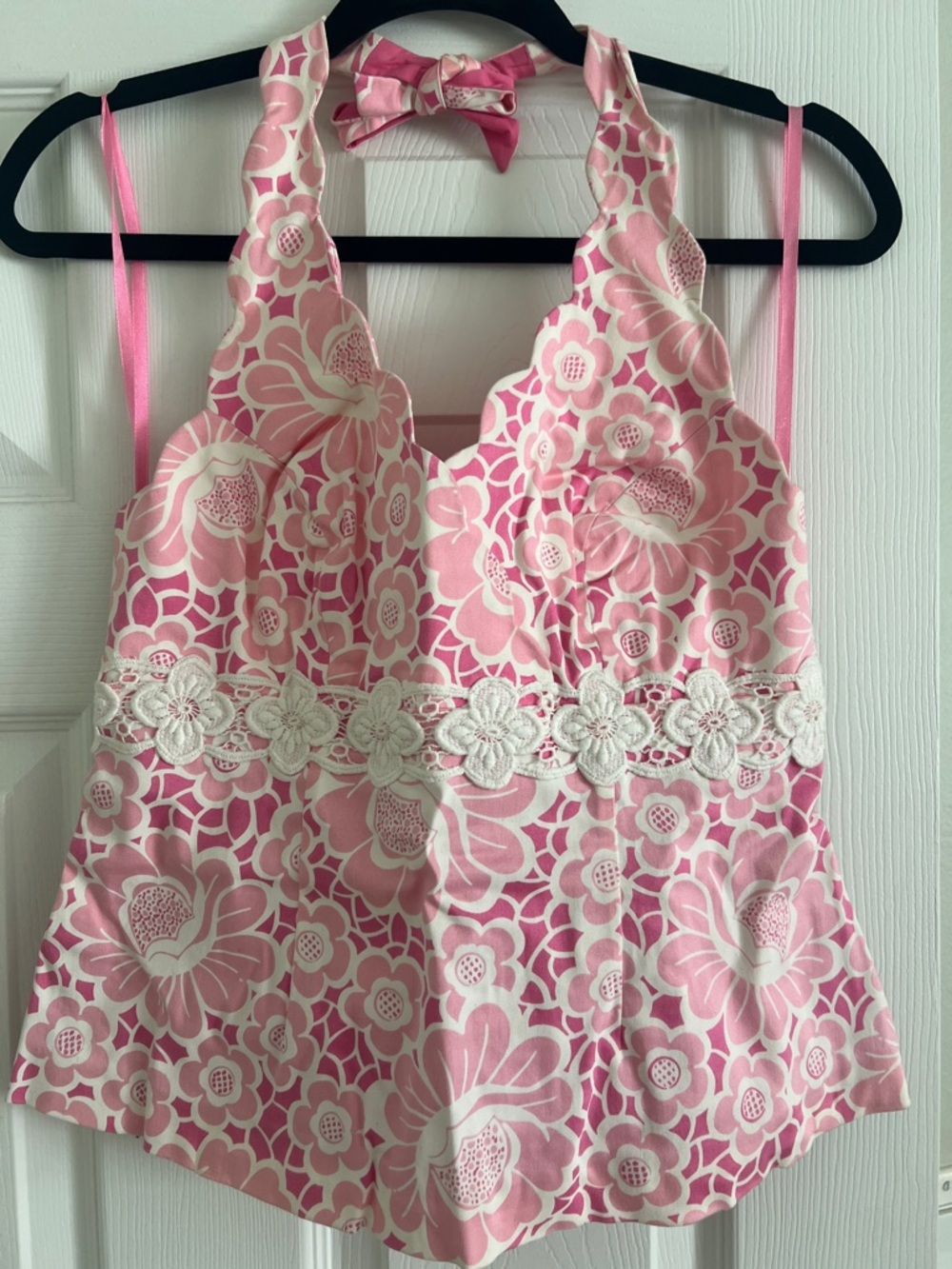 Lilly Pulitzer Pink Floral Halter Top with Lace Trim